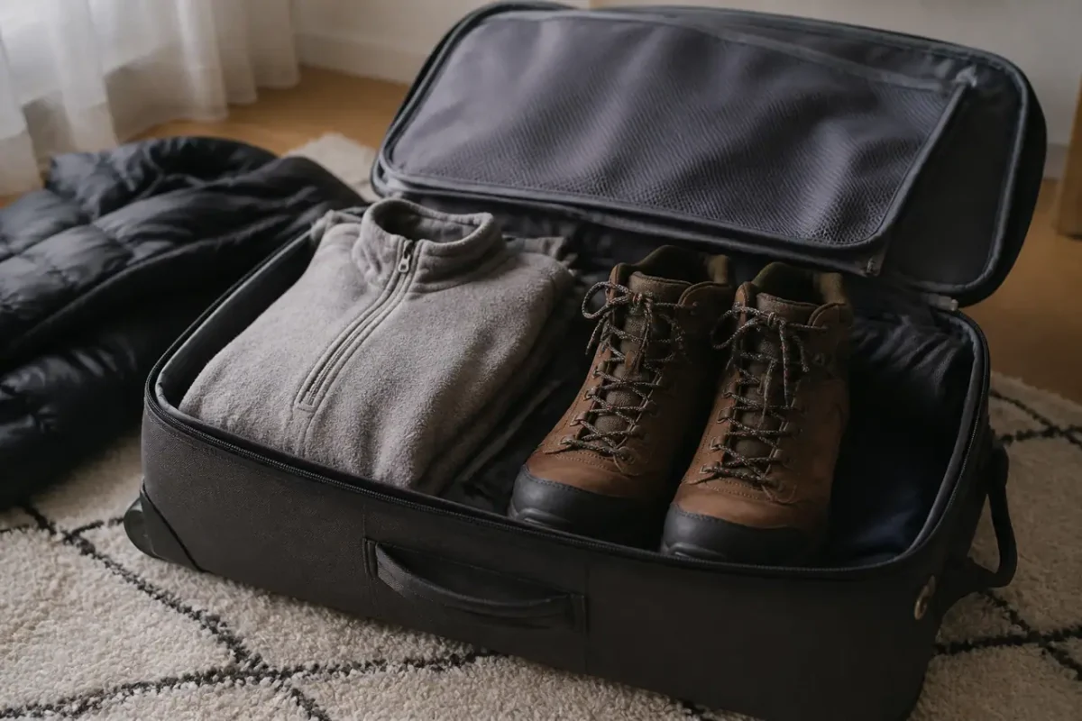 Valise ouverte avec polaire pliee et chaussures de marche